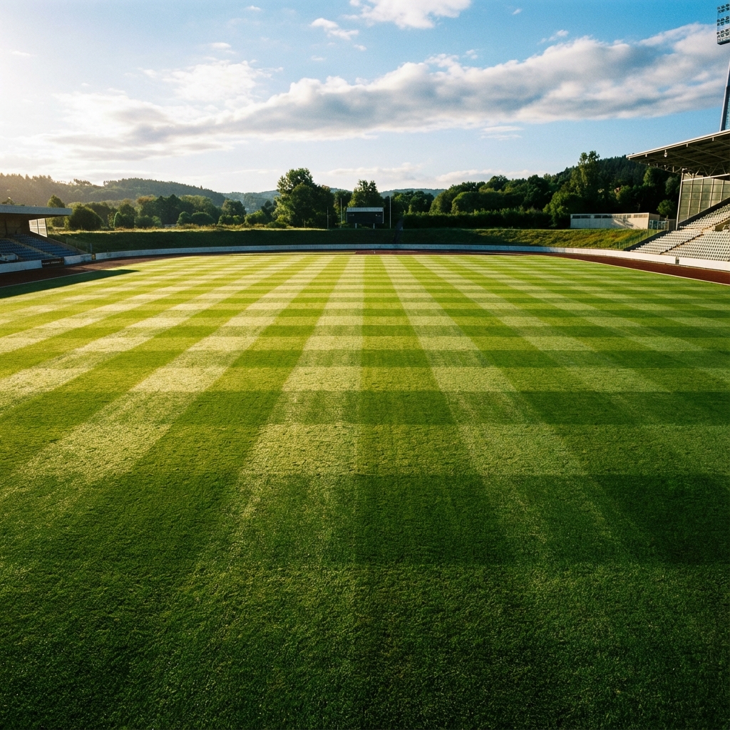 Green Clipper voetbalveld grasmaaier in actie op professioneel sportveld - minimale spoorvorming